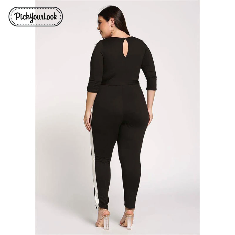 PickyourLook Plus Size V Neck Jumpsuit Women Seven Sleeve Stripe Fit Romper Spring New Sexy Black OL Jumpsuits Oversize XL-5XL