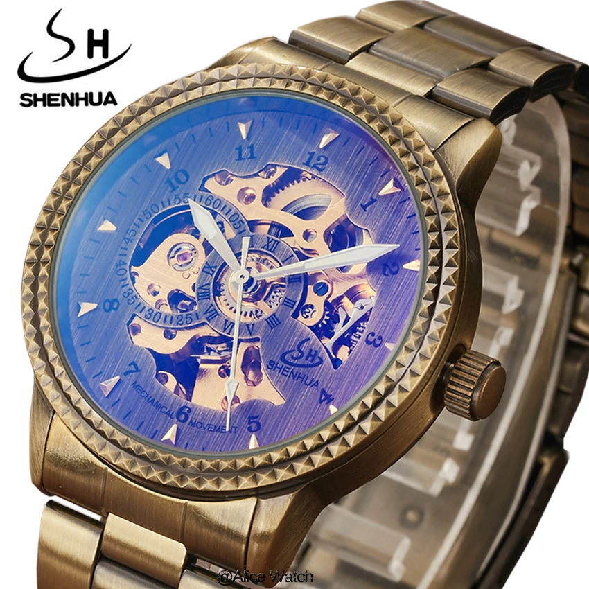 

Skeleton Automatic Mechanical Men Watch 2020 Bronze Retro SHENHUA Stainless Steel Self-Wind Male Wristwatches Relogio Masculino