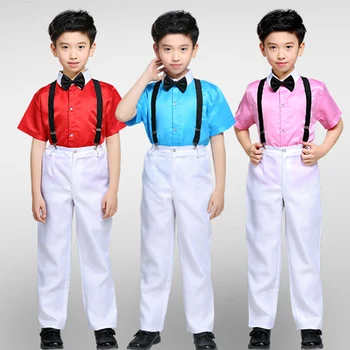 

Jazz Dance Costumes Boys Short Sleeve Shirt Suit Strap Pants Kids Hip Hop Street Dance Clothing Stage Performance Wear DN1915