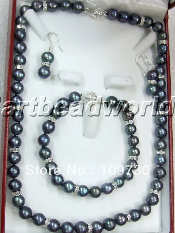 

Jewelry 00295 9mm black color freshwater pearl necklace bracelet earring ss925 stud set