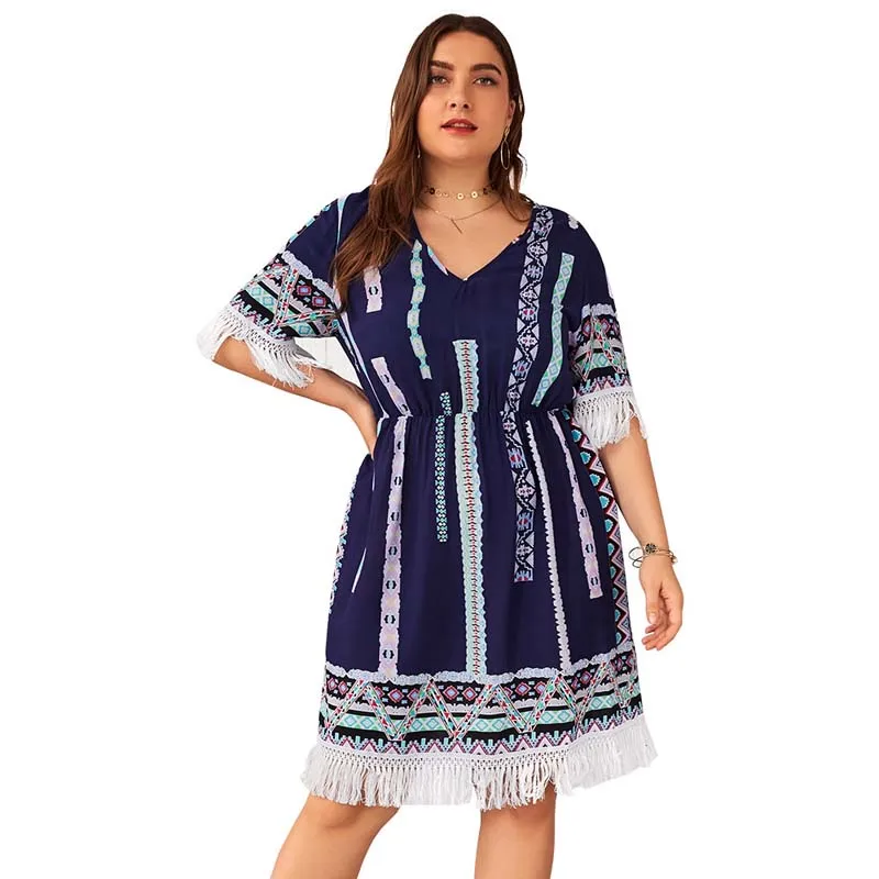 Boho Dress Women Fat 2019 Summer Midi Party Plus Size Tassel Big Beach Print Womens Dresses Female V-neck 4XL | Женская одежда