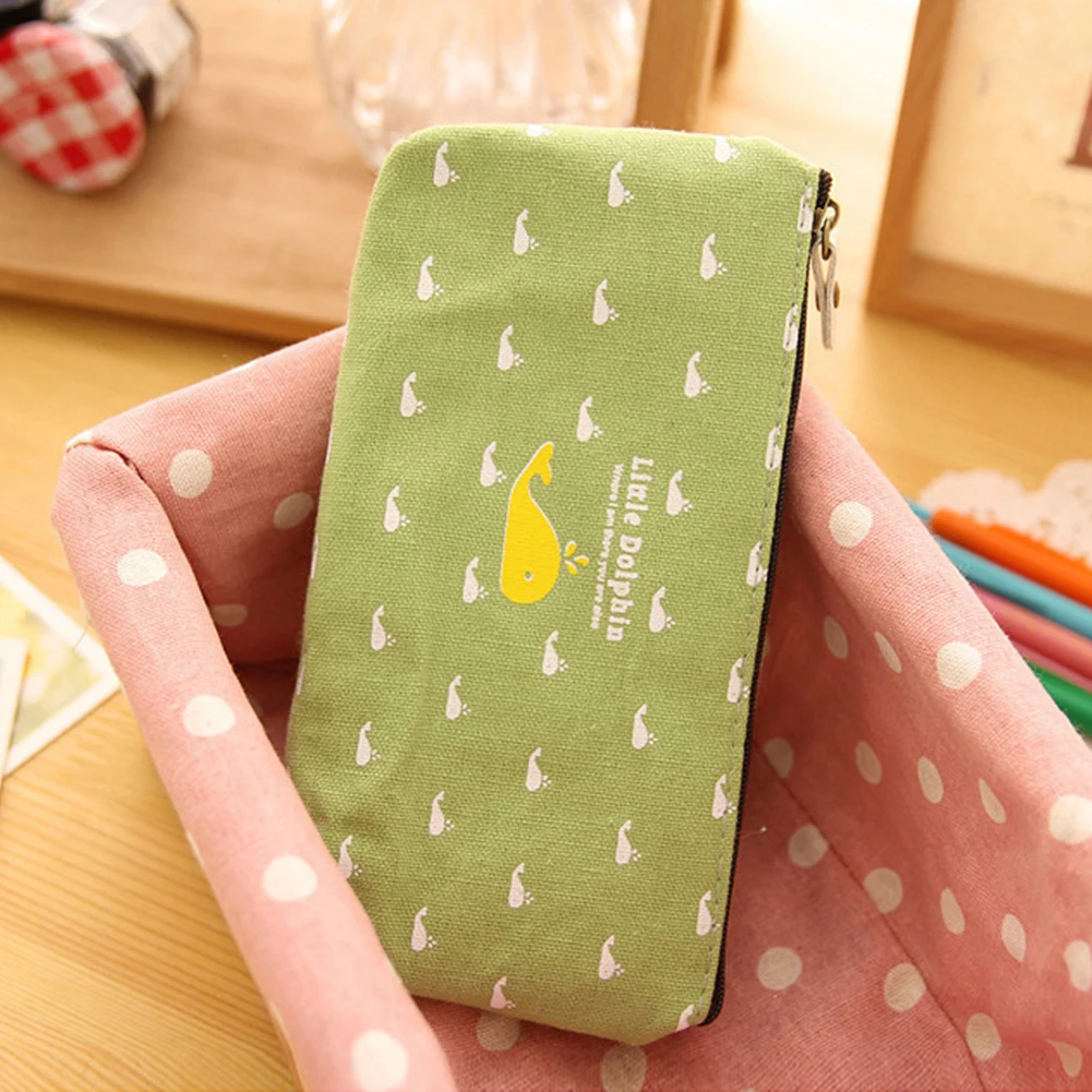 Women Cartoon Cosmetic Bag Canvas Little Ship Owl Dolphin Cute Zipper Pencil Case Stationery Make Up Storage Pouch Pen Bag Hot