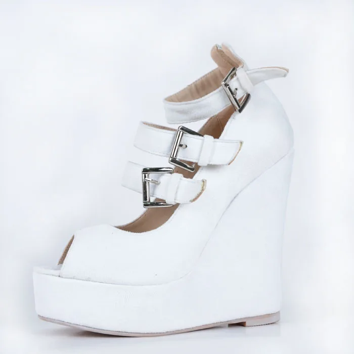 White Wedge Sandals For Women Leisure Faux Leather Women's Wedge Heel Peep Toe Sandals With 3 Buckle Platform 14cm Heel