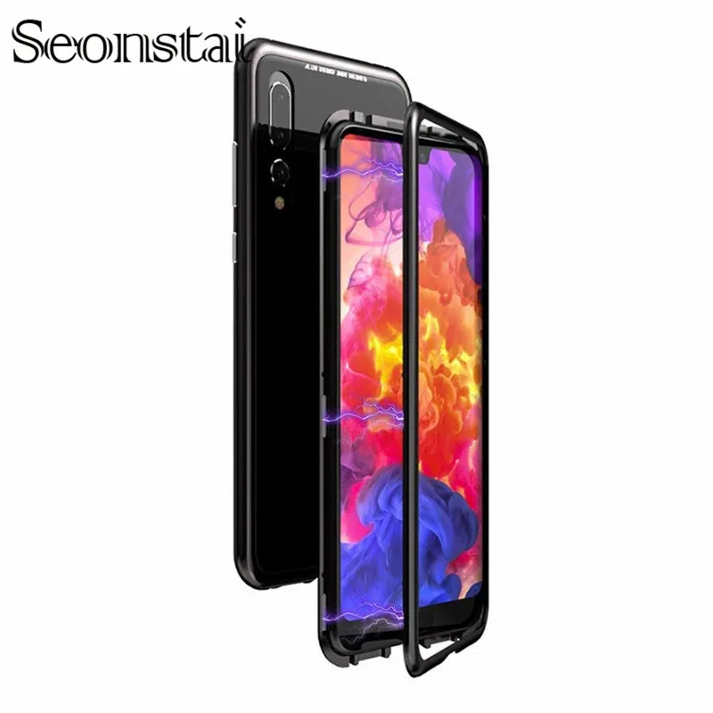 

Magnetic Adsorption Flip Phone Case for Huawei P20 Lite Mate10 Pro Metal Magnet Tempered Glass Cover for Huawei Honor10 P10 Plus