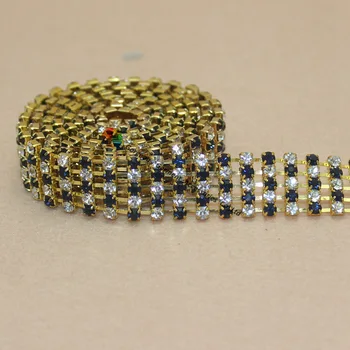 

10yd 5 rows Czech rhinestone diamante chain 4mm Crystal Navy Royal Blue Red alternated Gold Silver Set For DIY Browbands Costume