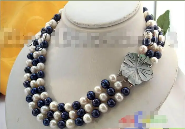 

FREE SHIPPING HOT sell new Style >>>>3ROW 10MM WHITE BLACK ROUND FRESHWATER PEARL NECKLACE SHELL p809