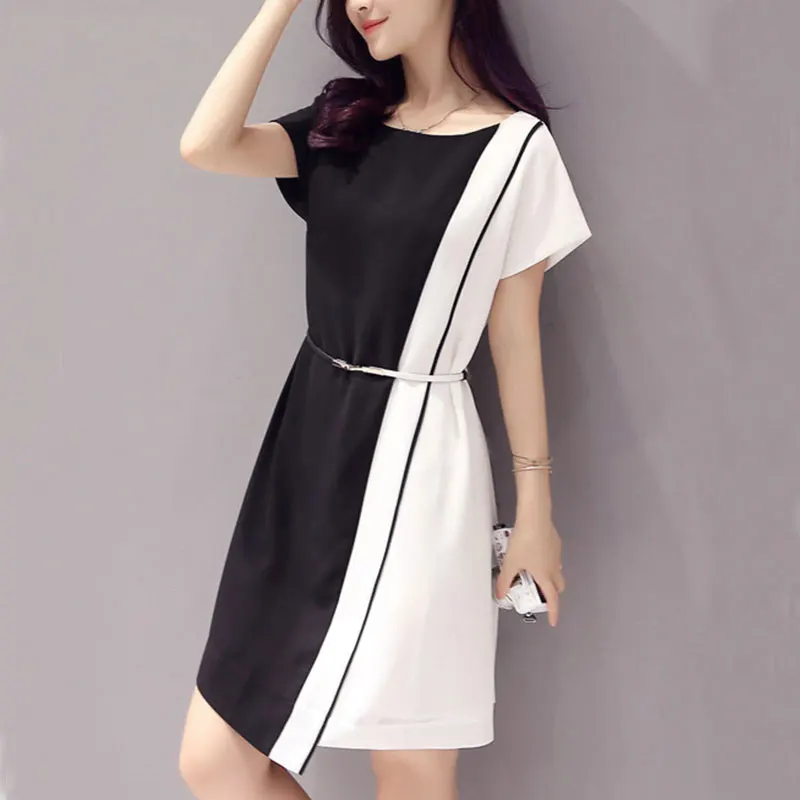 

Vintage Chiffon Contrast Stitching Mini Dresses Women Summer Short-Sleeved O-Neck Mid-Rise Large Size Slim Party Dress Sexy New