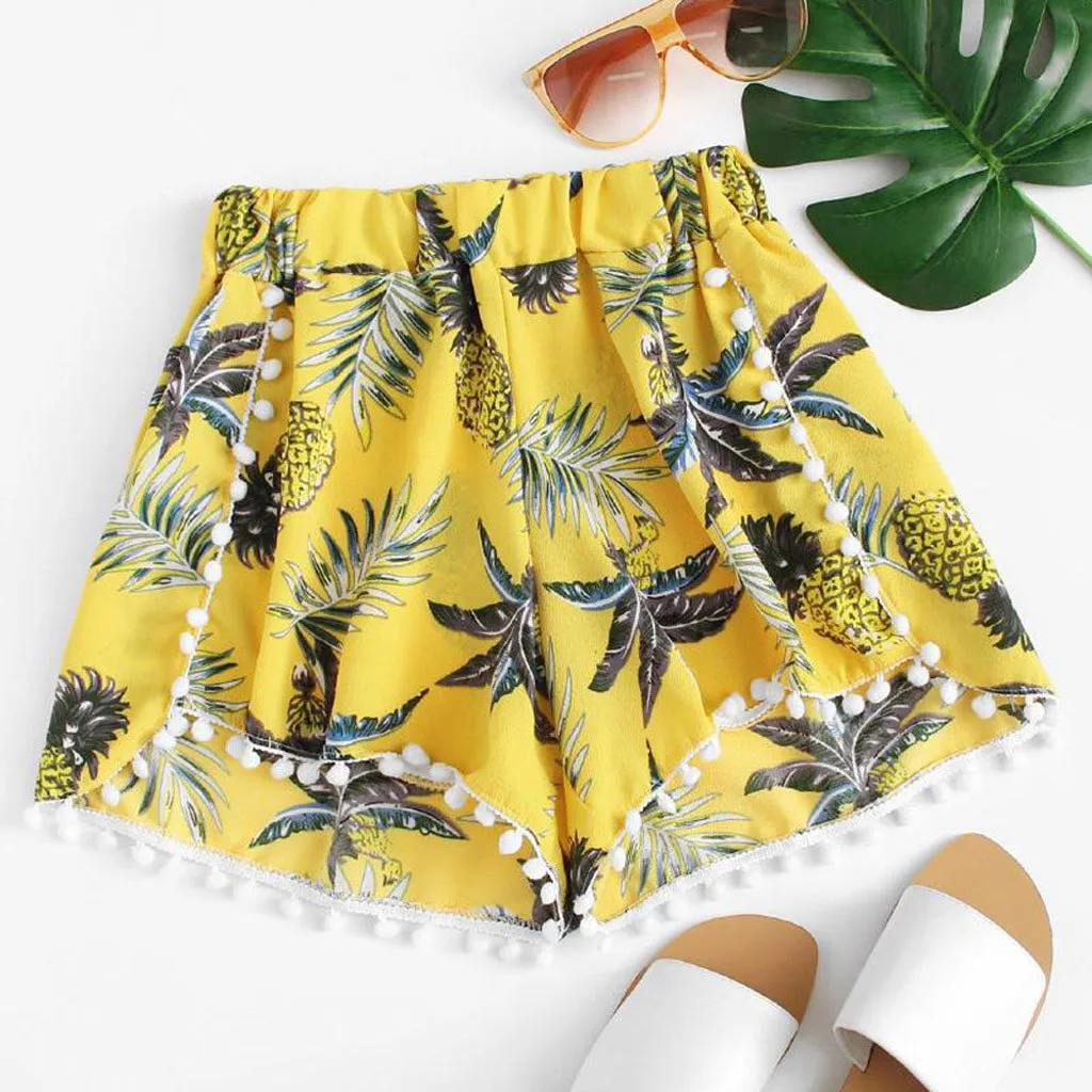 Shorts Spodenki Damskie Femme Pantalones Cortos Mujer Pineapple Printing Mid Waist Loose Sexy Elastic Waist ShortsZ4