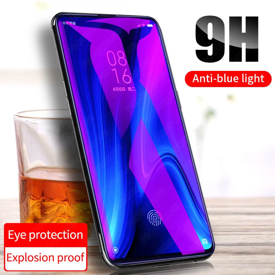 9 H مكافحة الأشعة فوق البنفسجية الأرجواني الأزرق ضوء بصمة الزجاج المقسى ل Xiaomi Redmi K20 ملاحظة 7 6 5 برو 6A s2 Y2 واقي للشاشة