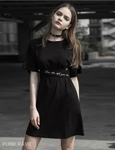 Панк Rave women's Goth круглый воротник повседневное черное платье с поясом PQ-577LQ