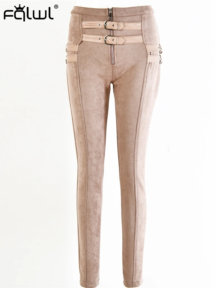 FQLWL замшевые кожаные брюки с высокой талией женские брюки с пряжкой на молнии Сексуальные облегающие брюки женские осенние женские узкие обтягивающие брюки
