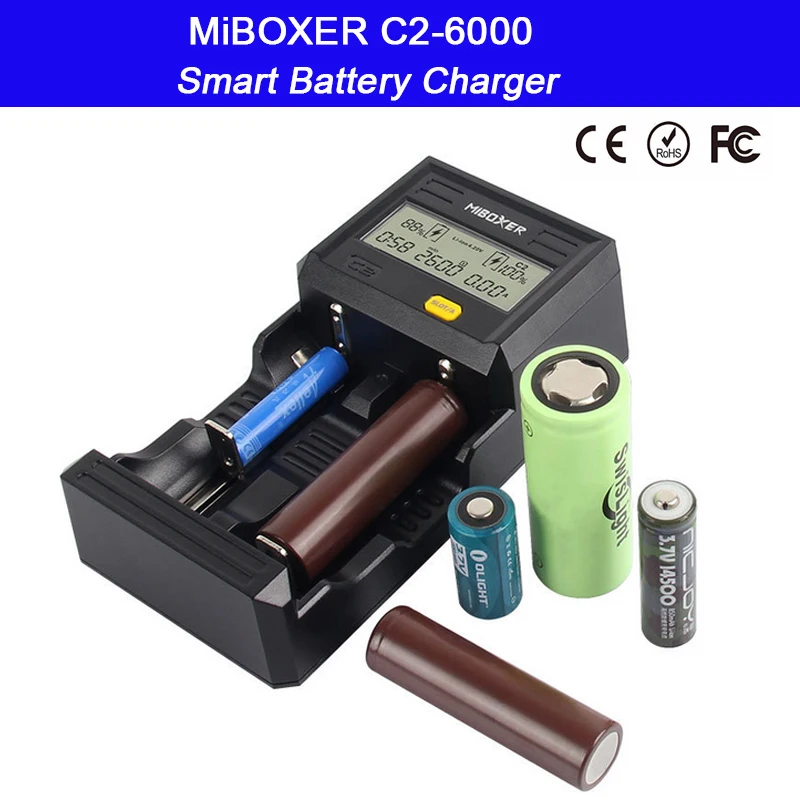 

Miboxer C2-6000 2 Slots LCD Screen Smart Battery Charger for Li-ion/Ni-MH/Ni-Cd 18650 14500 26650 AAA AA battery