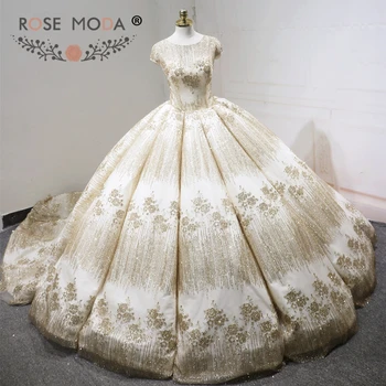 شراءRose Moda فستان زفاف فاخر بأكمام قصيرة لامعة 2018 حفلة إسلامية شامبانيا فستان زفاف عربي طويل