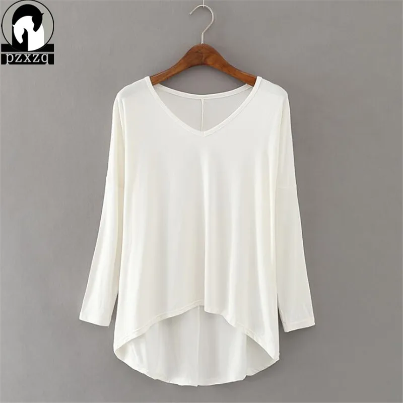 

2019 Spring Fall Lrregular Women Solid Color Modal New T Shirts Cotton Long Sleeve Elastic Tops TShirt Large size loose Tops Tee
