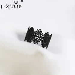 Hollow Lace Opening Rings Black Carved Flower Paint Wide Edge Lady