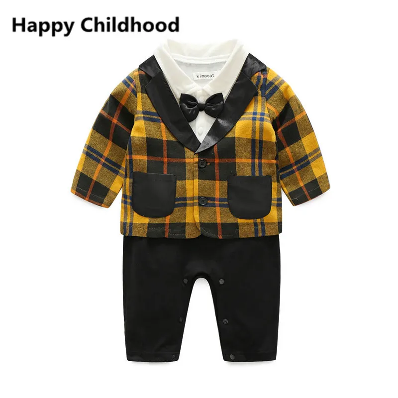 

2017 Spring/Summer Baby Boy Clothes 2pcs gentleman infant clothing sets plaid suit coat+romper with bowtie for party/wedding