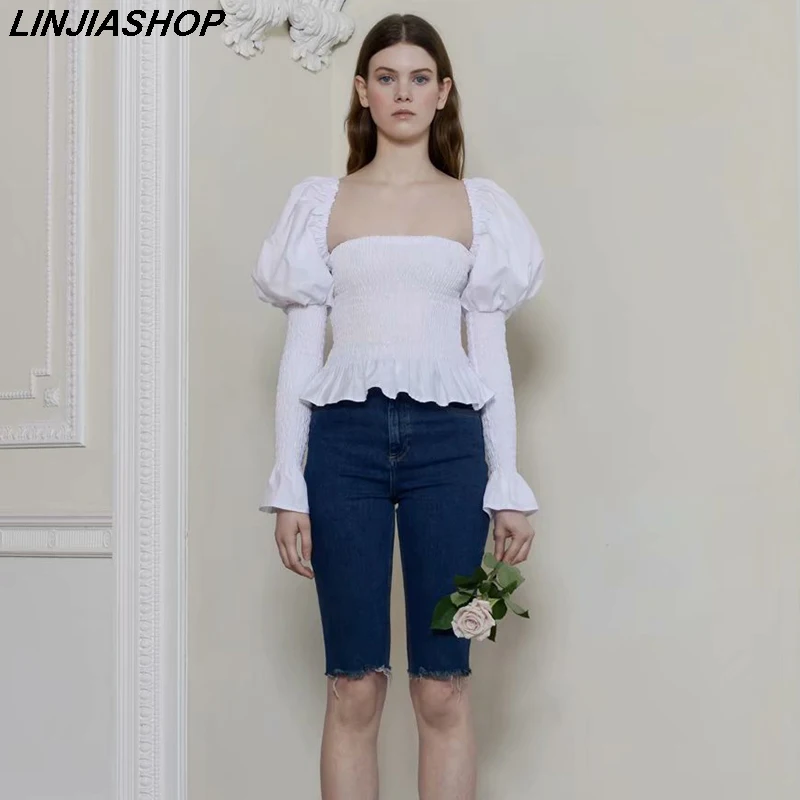 

Elegant vintage square neck solid white summer blouses and tops lantern sleeve slim elastic waist ins bloggers designer shirt
