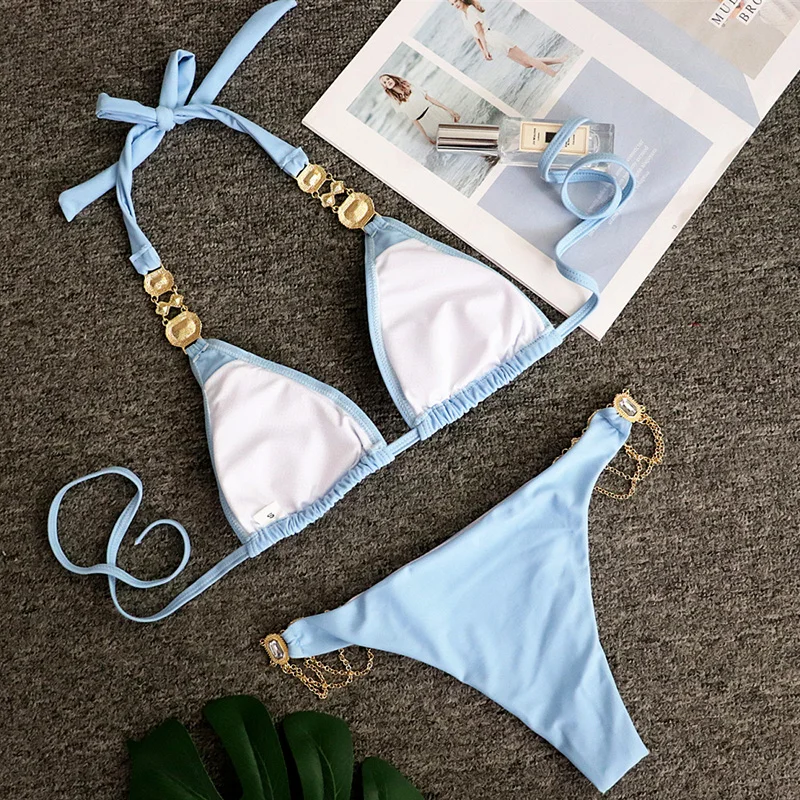 Günstig Sexy Kristall Diamant Bikini 2019 Frauen Strass Badeanzug Weibliche Metall Kette Bademode Zwei stücke bikini set Halfter Badeanzug