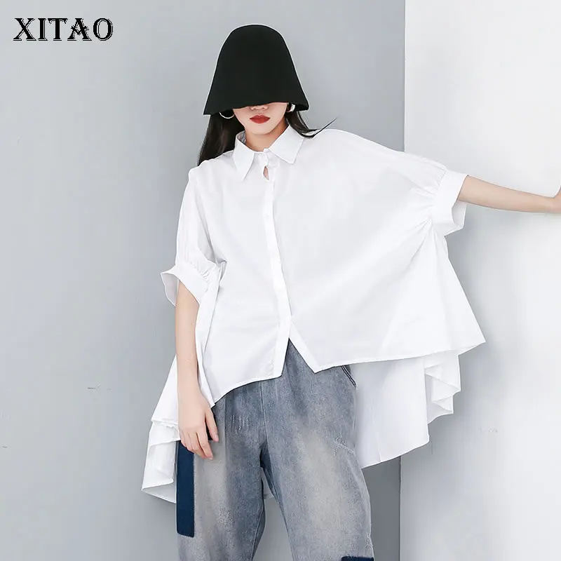 white XJ1667 XITAO Tide Kidney Plus Size White Blouse Women Pleated Irregular Fashion Europe Turn Down Collar Batwing Collar Summer XJ1667 - Цвет: white XJ1667