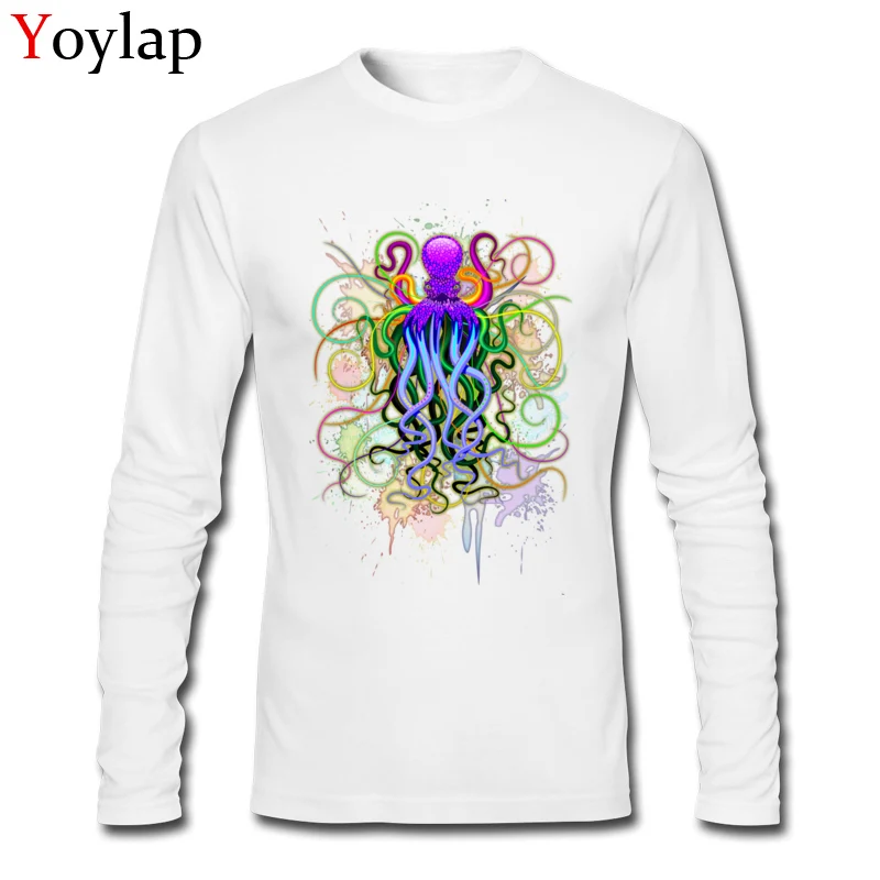 Popular Geek T Shirts Long Sleeve 100% Cotton Octopus Psychedelic Luminescence Crew Neck Boy Tops Shirts 3D Printed Summer Tee Shirts Octopus Psychedelic Luminescence white