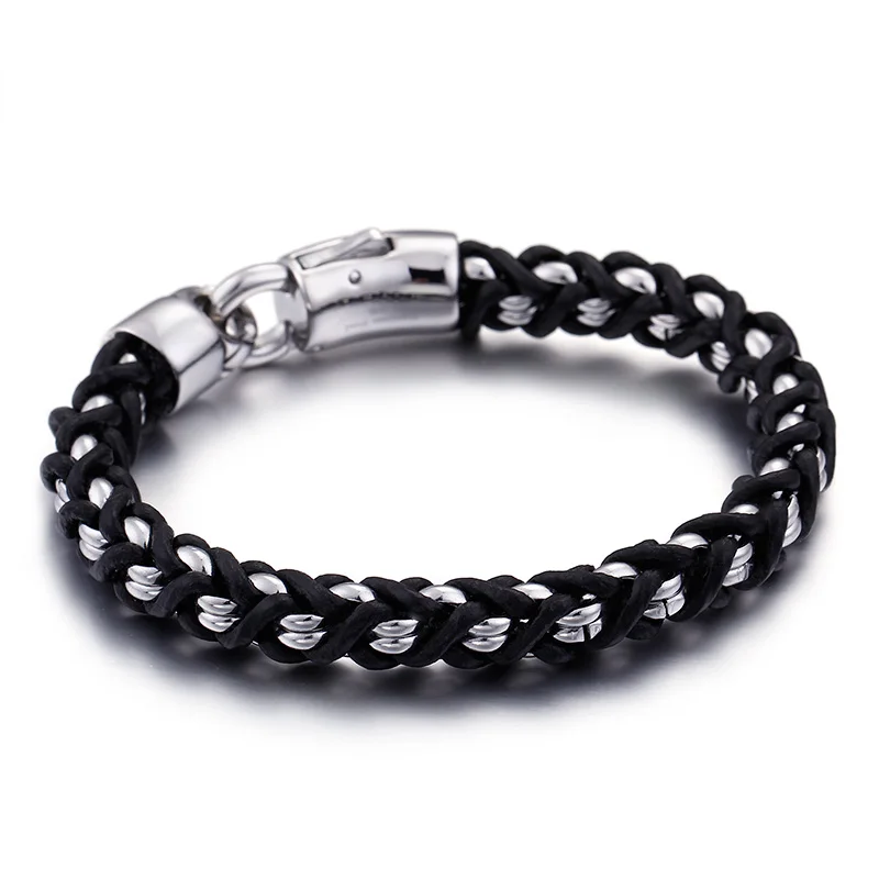 

New Arrival Fashion Men multilayer Link Silver Stainless Steel Byzantine Weave Chain Black Leather Bracelets Pulseras Jewelry