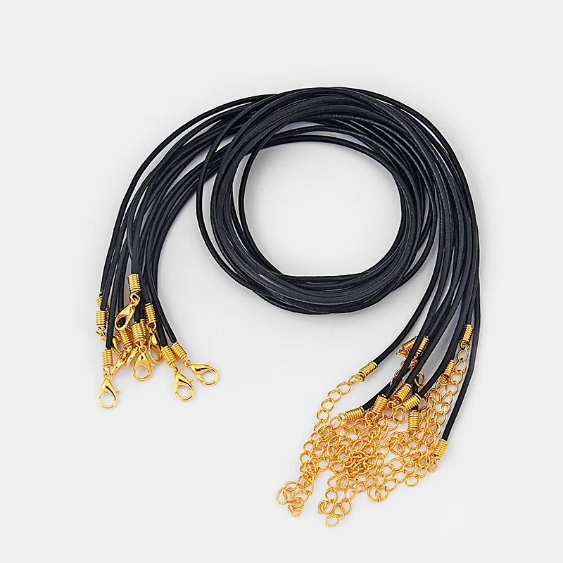 

50pcs Black Genuine Leather Cord End With Gold Lobster Clasp Extend Chain leather Necklace