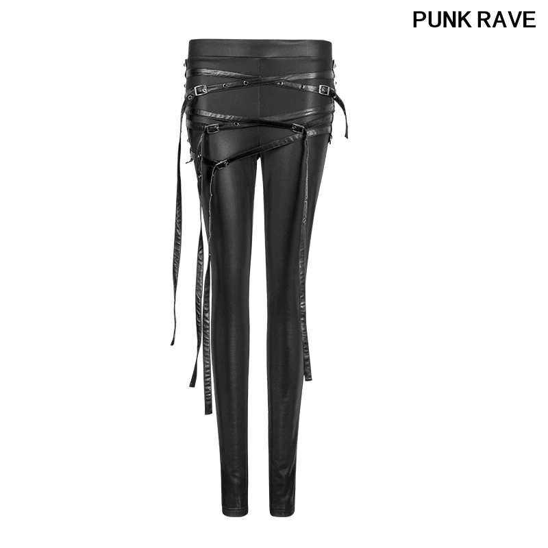 

Fashion Punk Skinny Women Leggings popular Decoration Of Pu Leather Loops Adjustable Removable Design Pants PUNK RAVE K-306