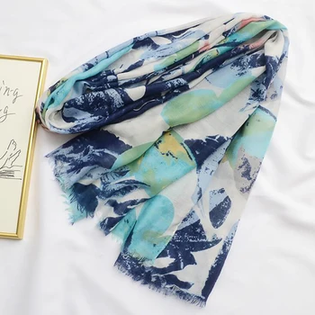 

Leaves Print Cotton Polyester Long Shawls Wraps For Women Green&blue Spring Warm Stoles Scarf Elegant Ladies