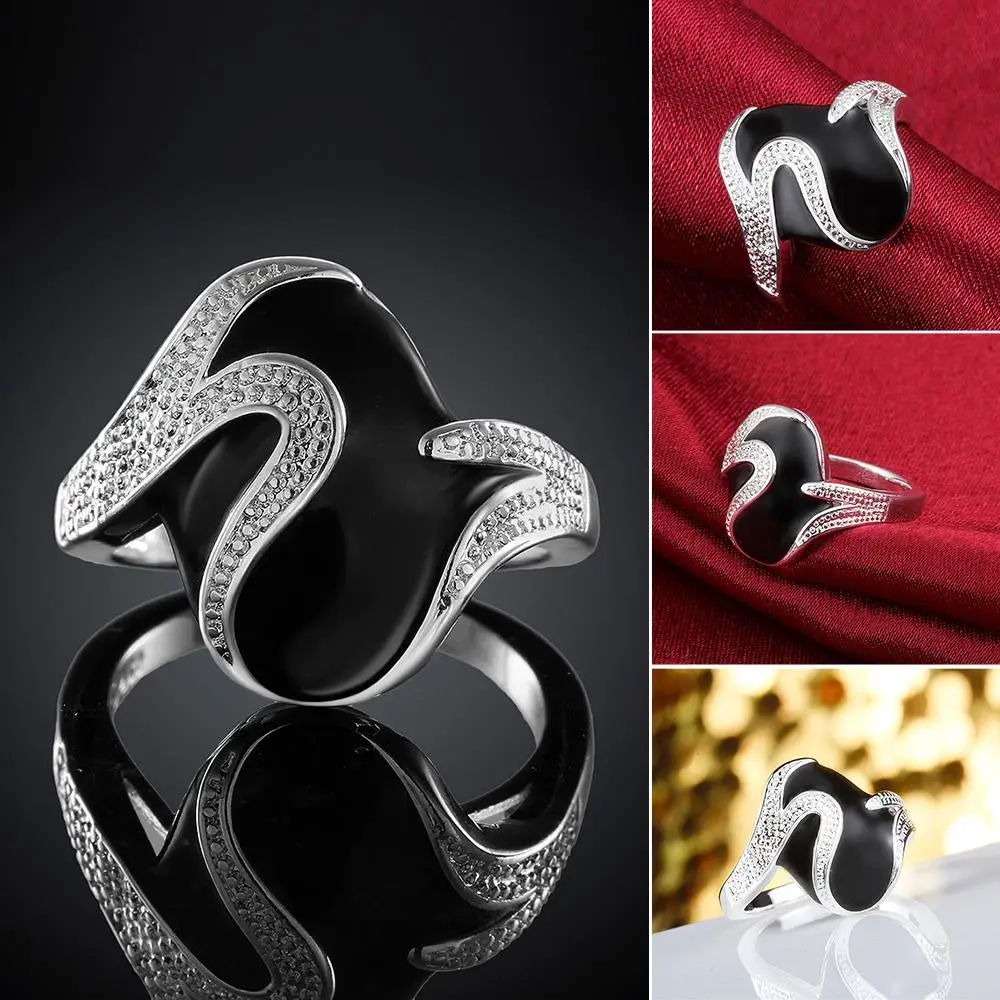 

R667 Wholesale Fashion silver plated jewelry jewellery finger ring handmade twist lady gift classic hot women cz black ceramic