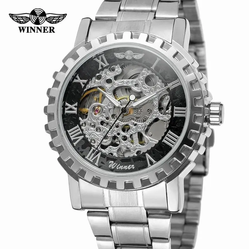 Часы WINNER Silver Gear мужские Модные Повседневные часы со скелетом автоматические