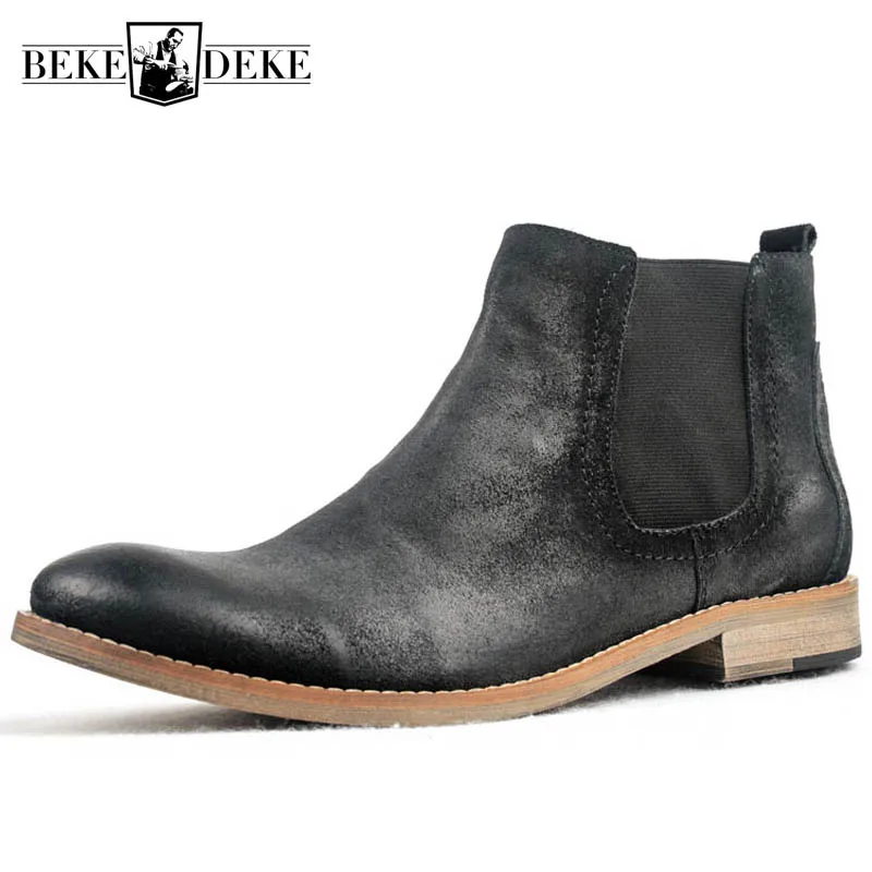 Мужские ботинки челси из натуральной коровьей кожи с круглым носком|slip on|slip on