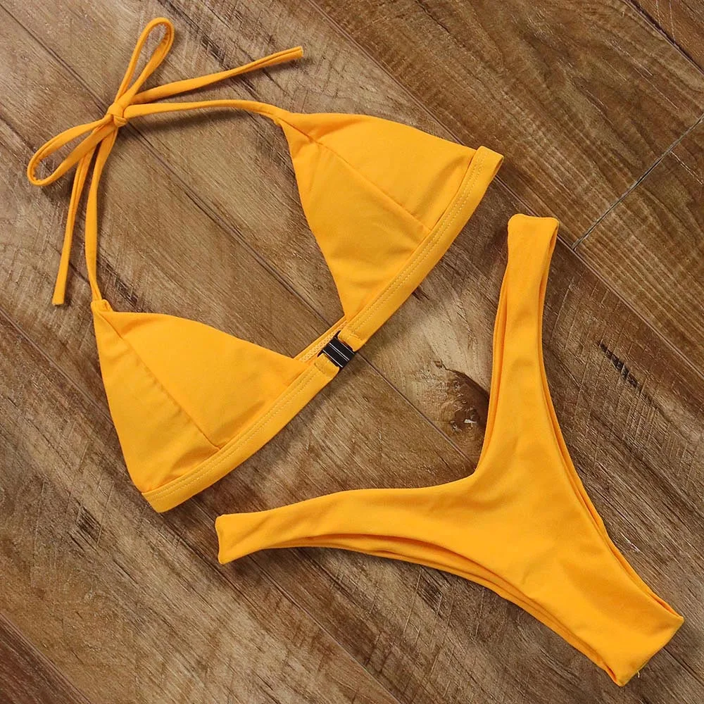 sexy solid Swimsuit Halter Bandage Bikini High Cut Brazilian Bikini set ...