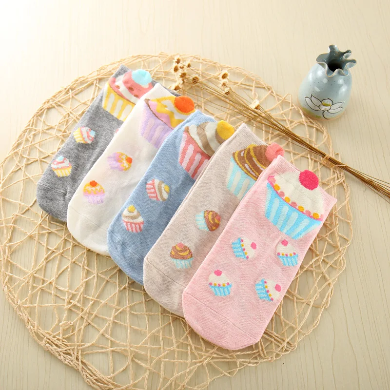 

5 Pairs/Lot New Women's Short Socks Harajuku Cute Dessert Cake Printed Socks Cotton No Show Boat Socks Women
