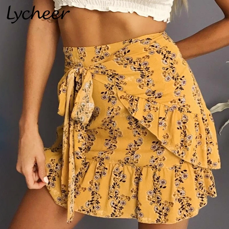 Lycheer Wrap dot plaid women skirt Floral print ruffle mini skirt ...