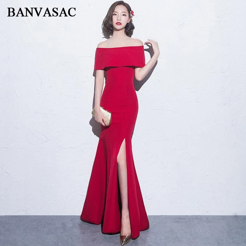 

BANVASAC Elegant Boat Neck Short Sleeve Mermaid Long Evening Dresses 2018 Sexy Split Backless Party Prom Gowns