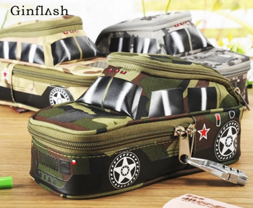 

Pencil case vehicle pen pouch bag with combination lock boys Double zipper camouflage Canvas large school Pencil box military