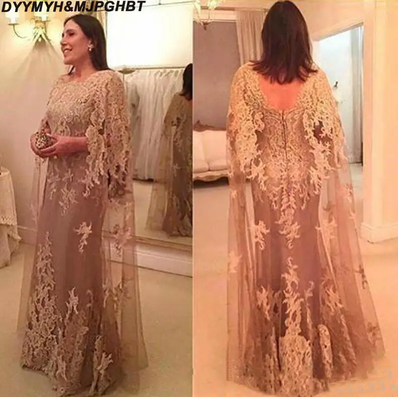 2018 New Vintage Applique Lace Mother Of The Bride Dresses With Cape Sheath Backless Dresses Evening Wear Floor Length Wedding Guest Dress_