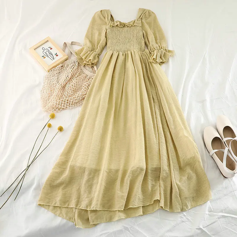 Women Dress Женское летнее платье с расклешенными рукавами и оборками, квадратное платье с воротником шифоновое Новое повседневное Сетчатое газовое платье пуловер эластичное тонкое платье с высокой талией - Цвет: Women Dress