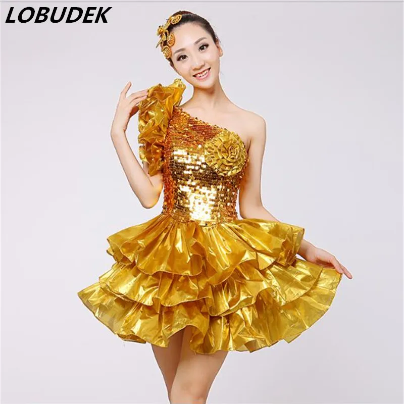 

Women dance DS costume gold silver lighting sequins sexy dress team dancer show party prom stage wear performance of China style