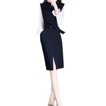 

2019 Spring Autumn Women Sets Ensemble Femme Shirt And Sleeveless Dress Two 2 Piece Set Ladies OL Vintage Tracksuit Clothes F191