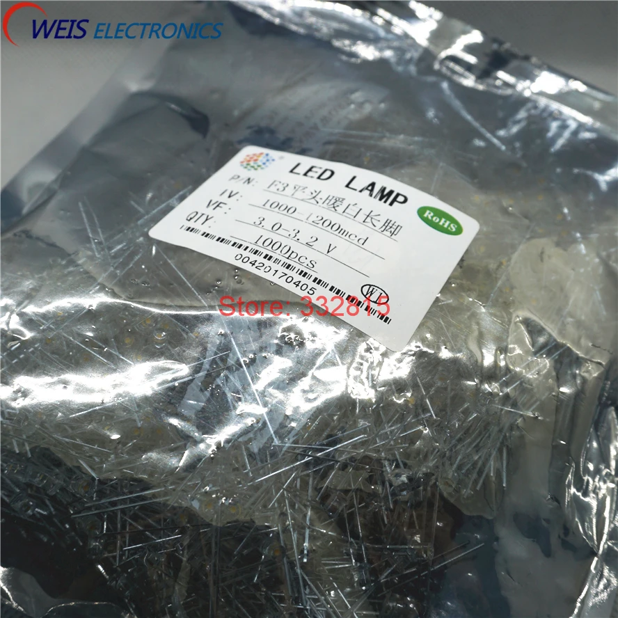 

1000PCS F3 WARM WHITE LED DIP-2 3MM ( FLAT )Water Clear LONG LEGS 3.0-3.2V 1000-1200MCD light emitting diode LAMP