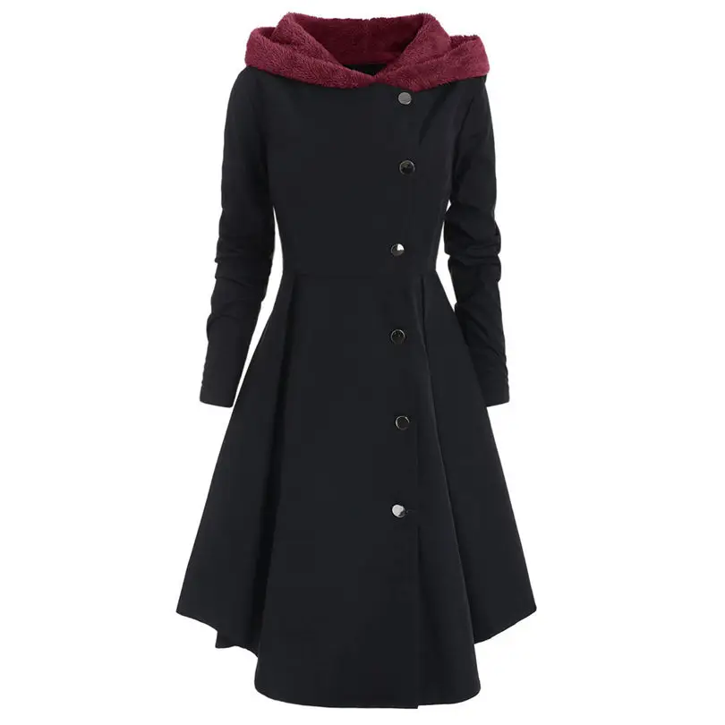 New Women fashion Plus Size Asymmetric Keep Warm Fleece Hooded Single Breasted Long Drap Buttons Coat #4F10 (8)