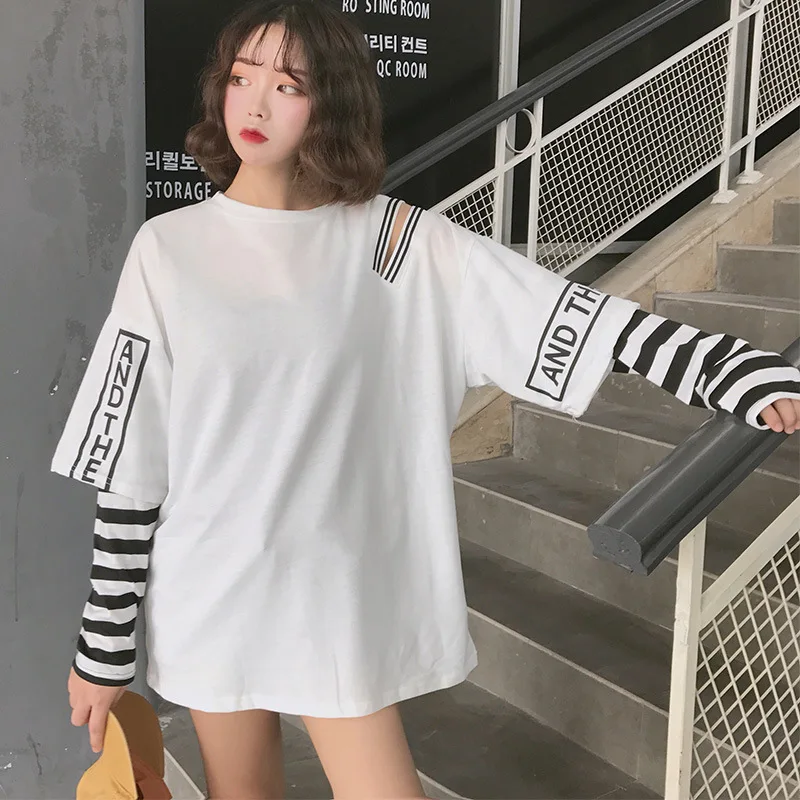 thumbnail image 1 of Camisetas de manga larga a rayas de 2 piezas estilo punk para mujer, camiseta gótica holgada con hombros descubiertos y estampado de letras, camiseta de moda urbana, 1 of 4