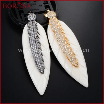 

BOROSA Natural White Ox Bone Carved Leaf Black/Gold Zirconia Rhinestones Paved Pendants Delicate Jewelry For Woman WX249