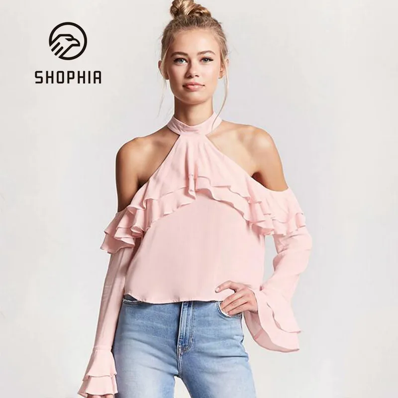 Off Shoulder Halter Sexy Blouse Elegant Slim Long Butterfly Sleeve Shirt For The Women Solid Color Chiffion Ruffles Street Wear |