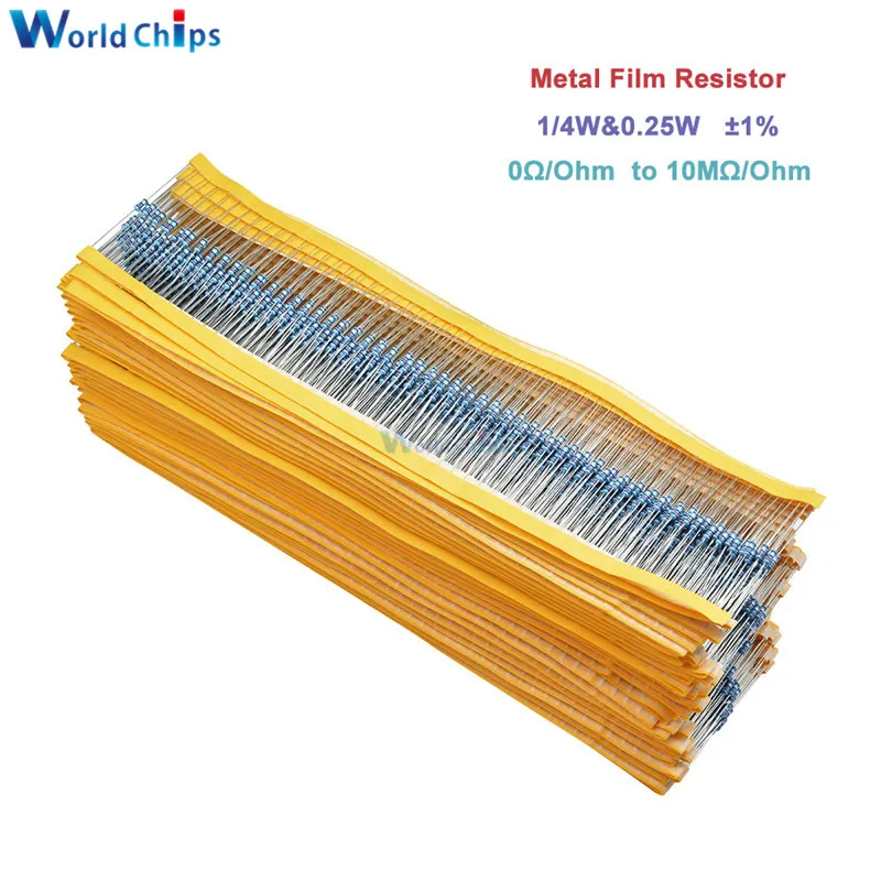 Metal Film Resistor 1/4W 0.25W 0~10M Ohm 1% 100R 220R 1K 1.5K 2.2K 4.7K 10K 22K 47K 100K 100 220 220 ohm 1M Resistance 100pcs
