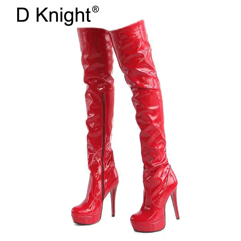 

Plus Size 34-43 Women Tall Pole Dancing Boots Patent Leather Thigh High Boots Fashion Over the Knee Boots High Heels Shoes Woman