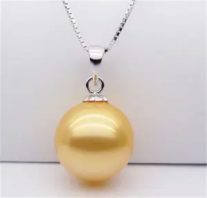 

925 silver 14mm YELLOW South sea Shell Pearl Necklace Pendant White Silver Crystal Women free shipping