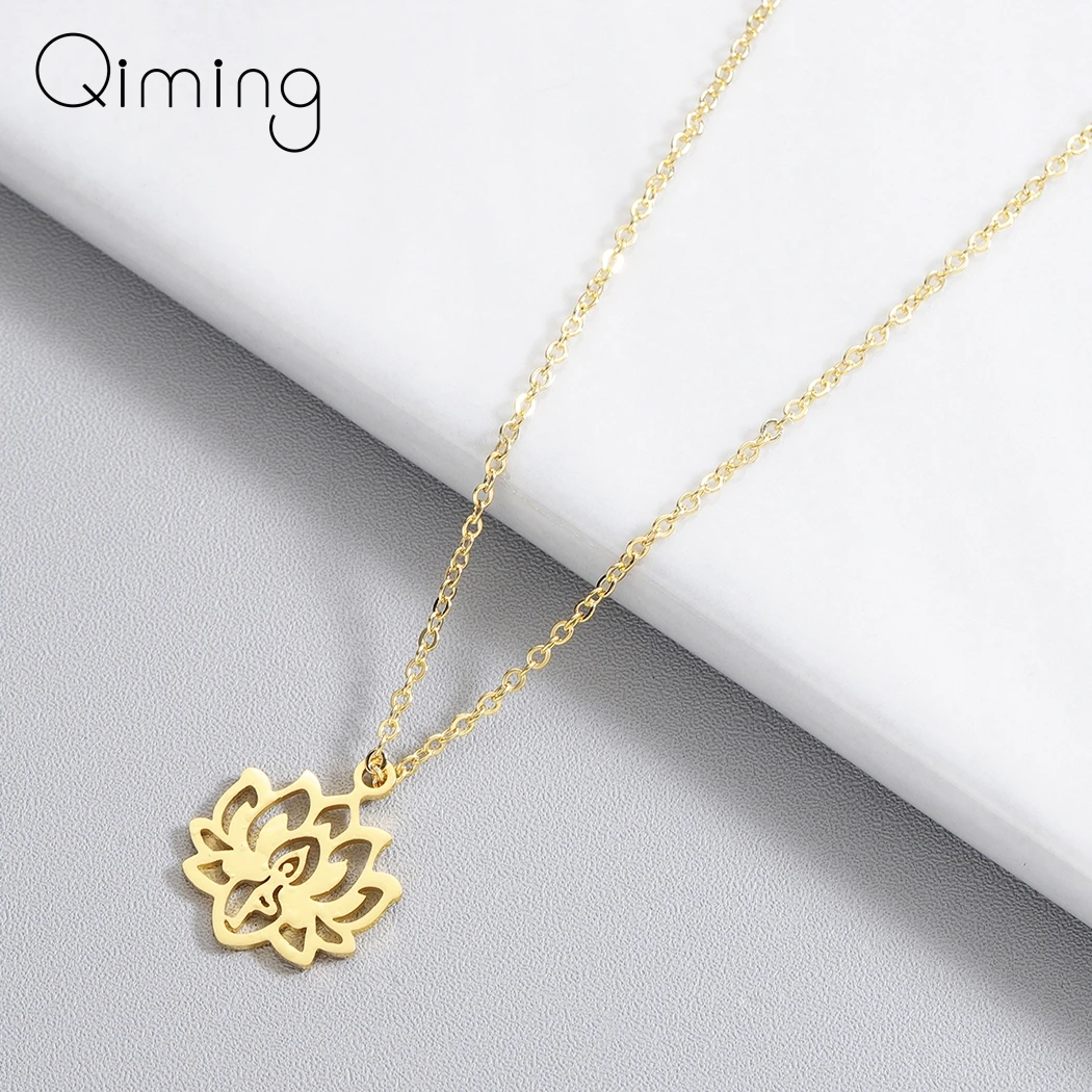 

New Yoga Lotus Pendant Necklace Women Stainless Steel Jewelry Buddhism Water Lily Indian Vintage Boho Necklaces Female