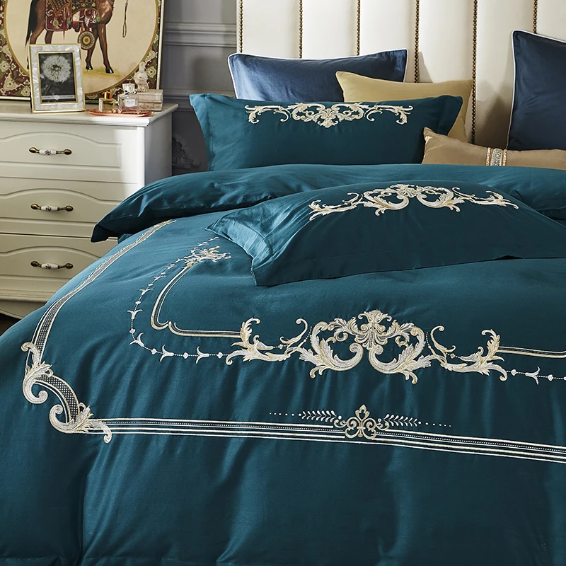 Роскошные вышивка из египетского хлопка постельное белье набор пододеяльников для пуховых одеял простыни наволочка King queen серый, синий